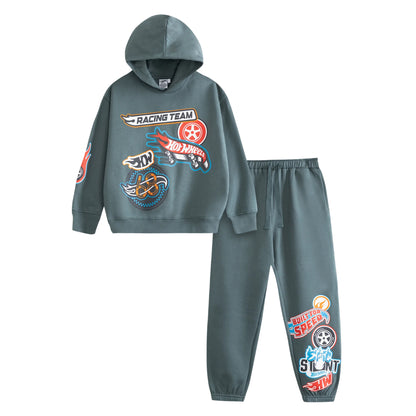 Dark Green - Front - Hot Wheels Boys Printed Hoodie And Joggers Set