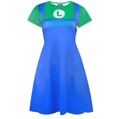 Blue-Green - Front - Super Mario Womens-Ladies Luigi Costume Dress