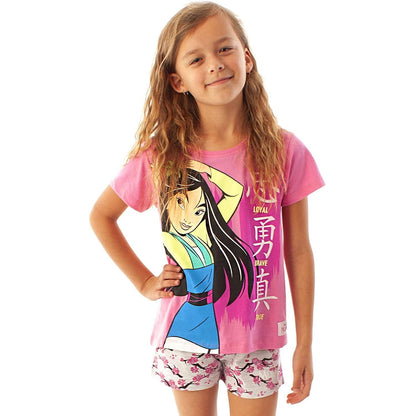 Pink-Grey - Back - Mulan Girls Loyal Brave True Short Pyjama Set