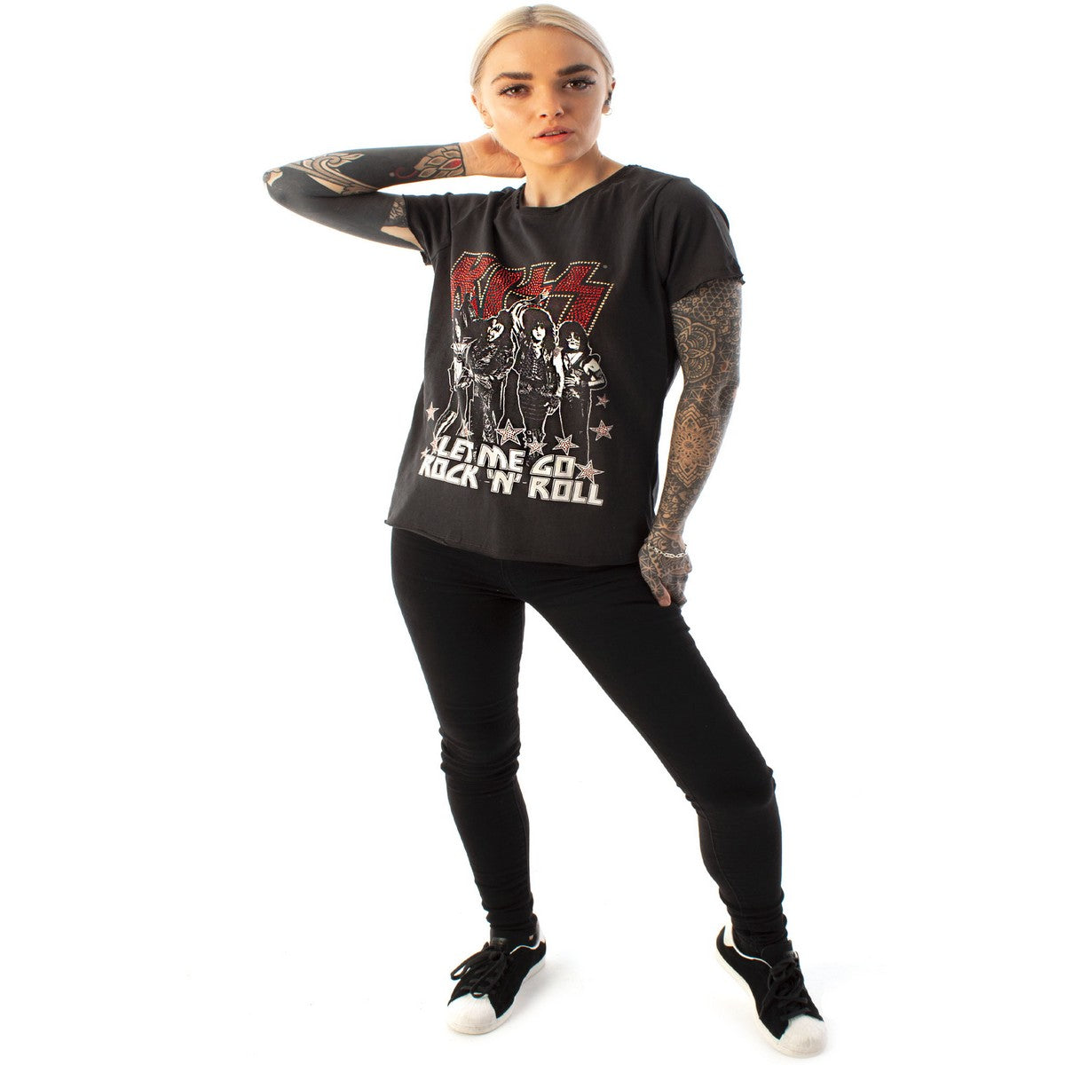 Charcoal - Back - Amplified Womens-Ladies Let Me Go Rock N Roll Kiss Diamante T-Shirt