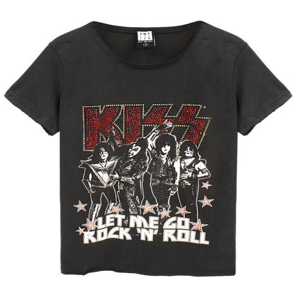Charcoal - Front - Amplified Womens-Ladies Let Me Go Rock N Roll Kiss Diamante T-Shirt