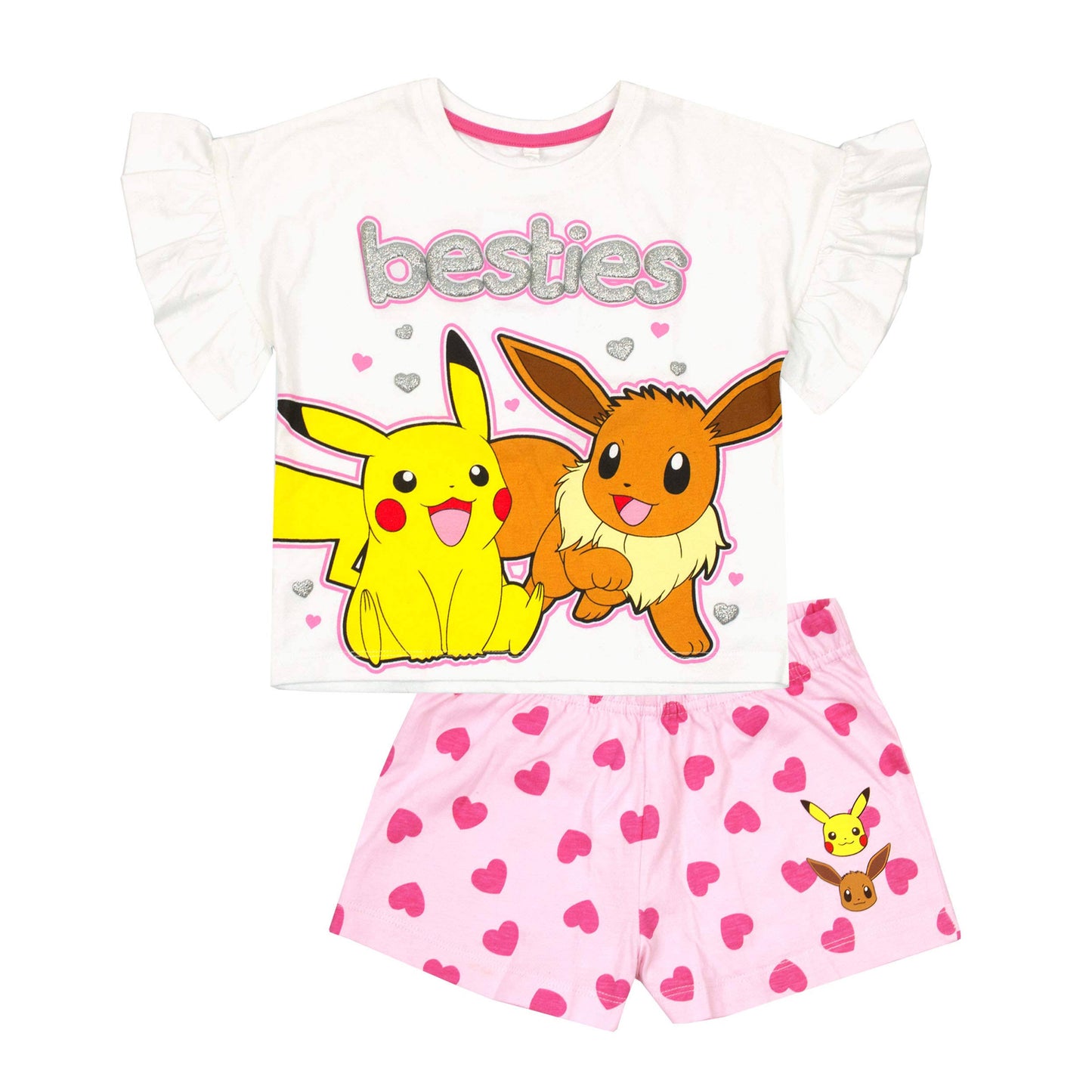 White-Pink-Yellow - Front - Pokemon Girls Besties Frill Short Pyjama Set