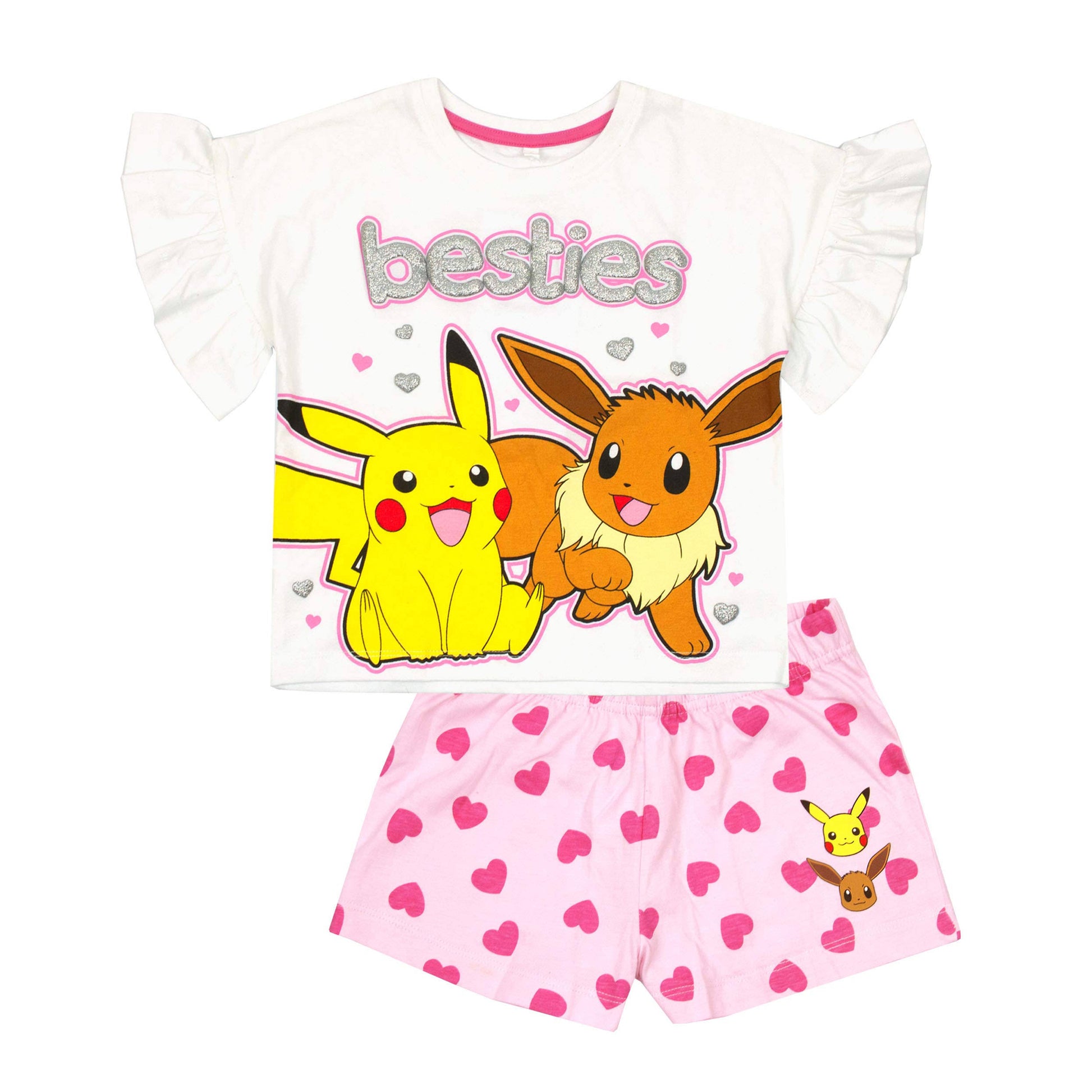 White-Pink-Yellow - Front - Pokemon Girls Besties Frill Short Pyjama Set