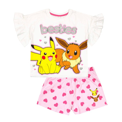 White-Pink-Yellow - Front - Pokemon Girls Besties Frill Short Pyjama Set
