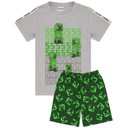 Green-Grey - Front - Minecraft Childrens-Kids Short Pyjama Set