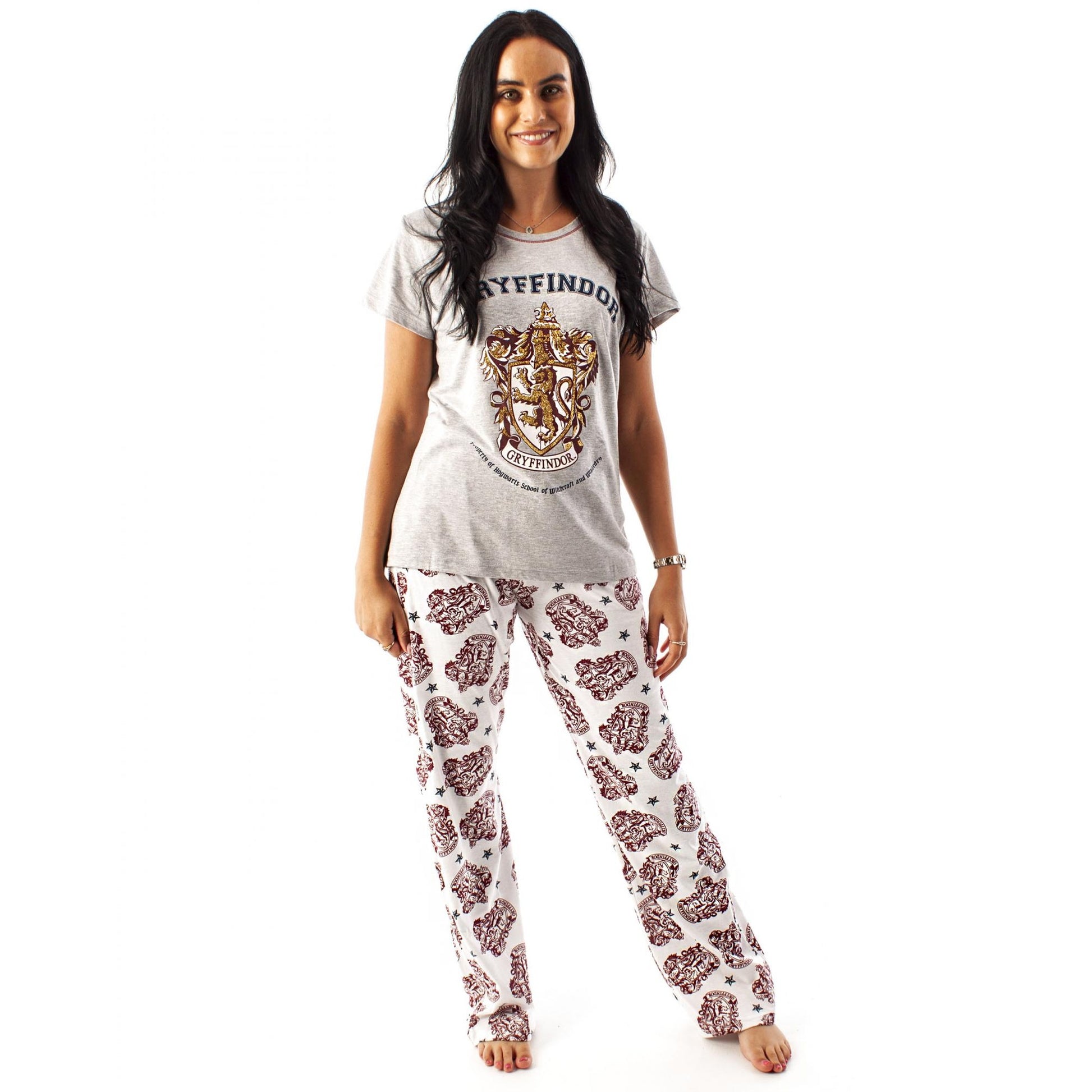 Grey-White-Maroon - Side - Harry Potter Womens-Ladies Gryffindor Long Pyjama Set