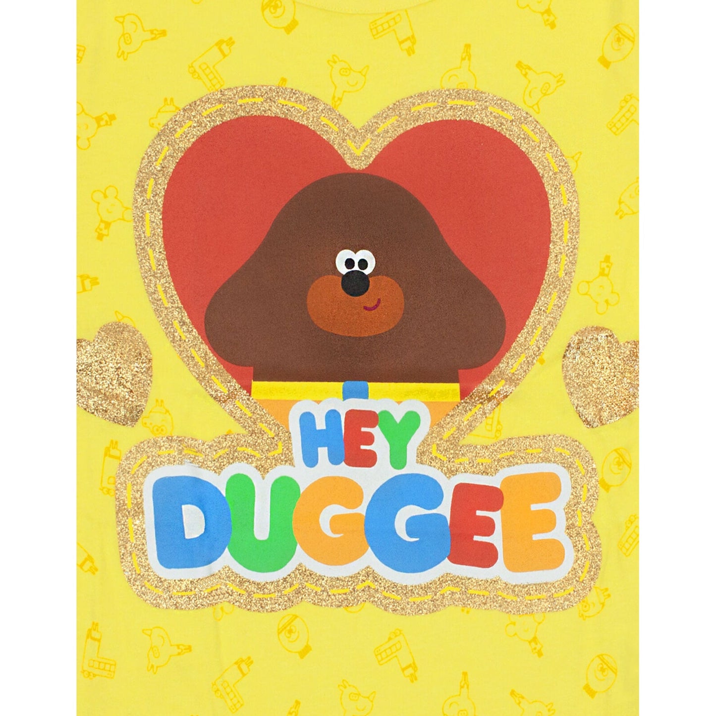 Yellow-Red-Brown - Pack Shot - Hey Duggee Girls Glitter Heart T-Shirt