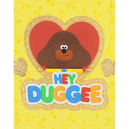 Yellow-Red-Brown - Pack Shot - Hey Duggee Girls Glitter Heart T-Shirt