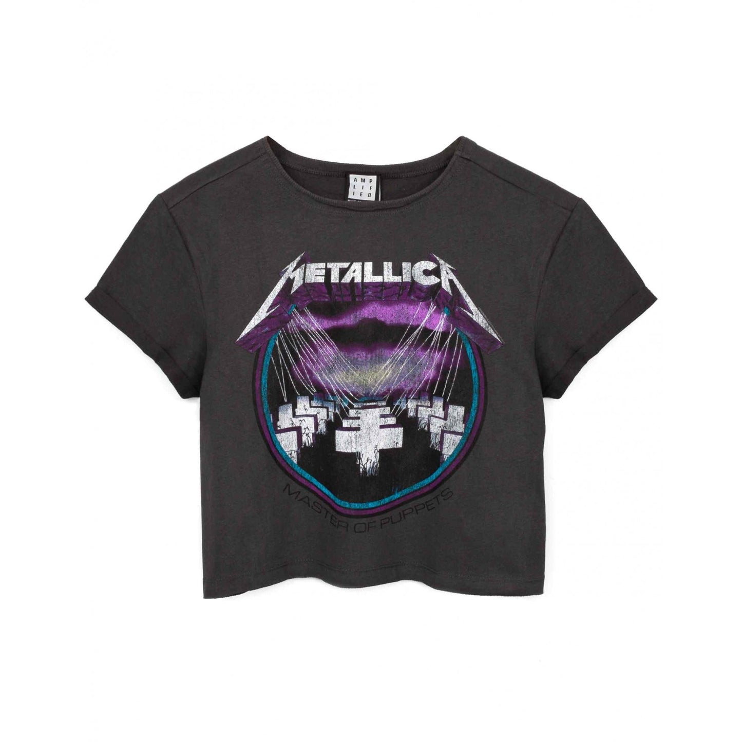 Charcoal Grey - Front - Amplified Womens-Ladies Master Of Puppets Metallica Crop T-Shirt