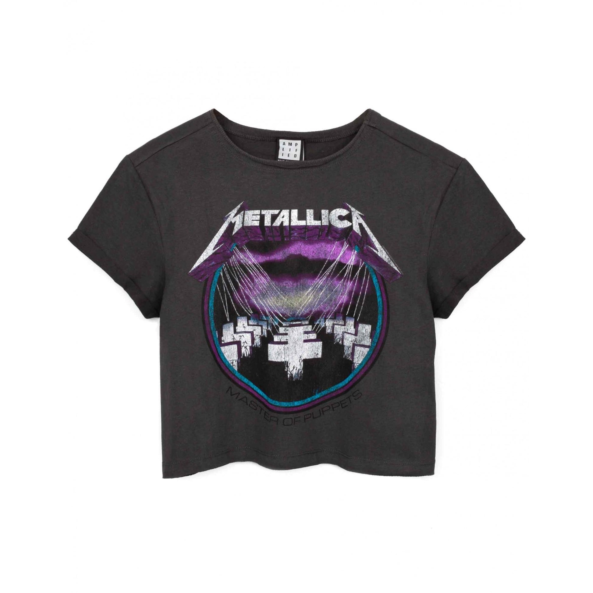 Charcoal Grey - Front - Amplified Womens-Ladies Master Of Puppets Metallica Crop T-Shirt
