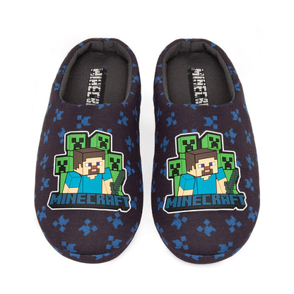 Navy - Side - Minecraft Boys Steve And Creeper Slippers