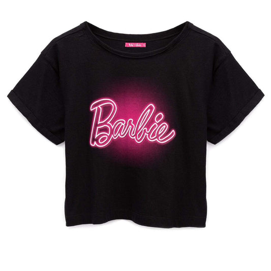 Black-Neon Pink - Front - Barbie Womens-Ladies Crop Top
