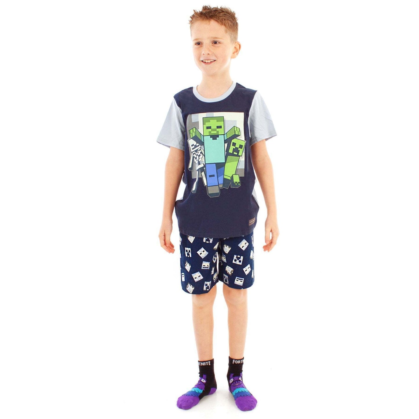 Light Blue-Navy - Back - Minecraft Boys Undead Short Pyjama Set