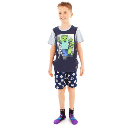 Light Blue-Navy - Back - Minecraft Boys Undead Short Pyjama Set