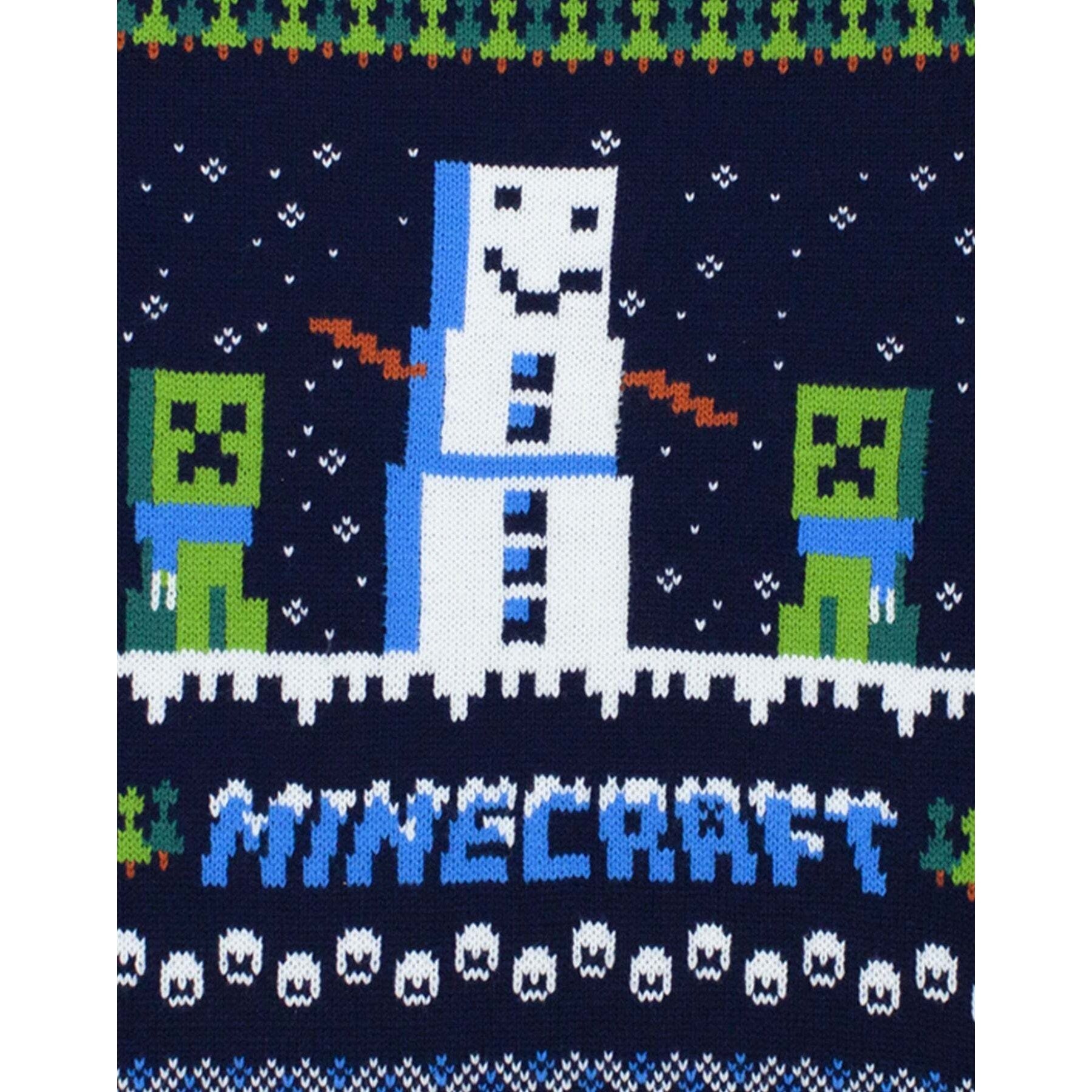Navy-Green-White - Close up - Minecraft Childrens-Kids Snowy Knitted Christmas Jumper