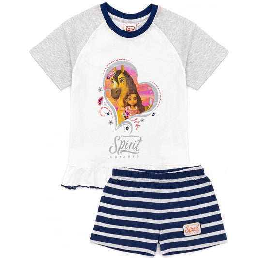 White-Heather Grey-Navy - Front - Spirit Girls Untamed Riding Free Short Pyjama Set