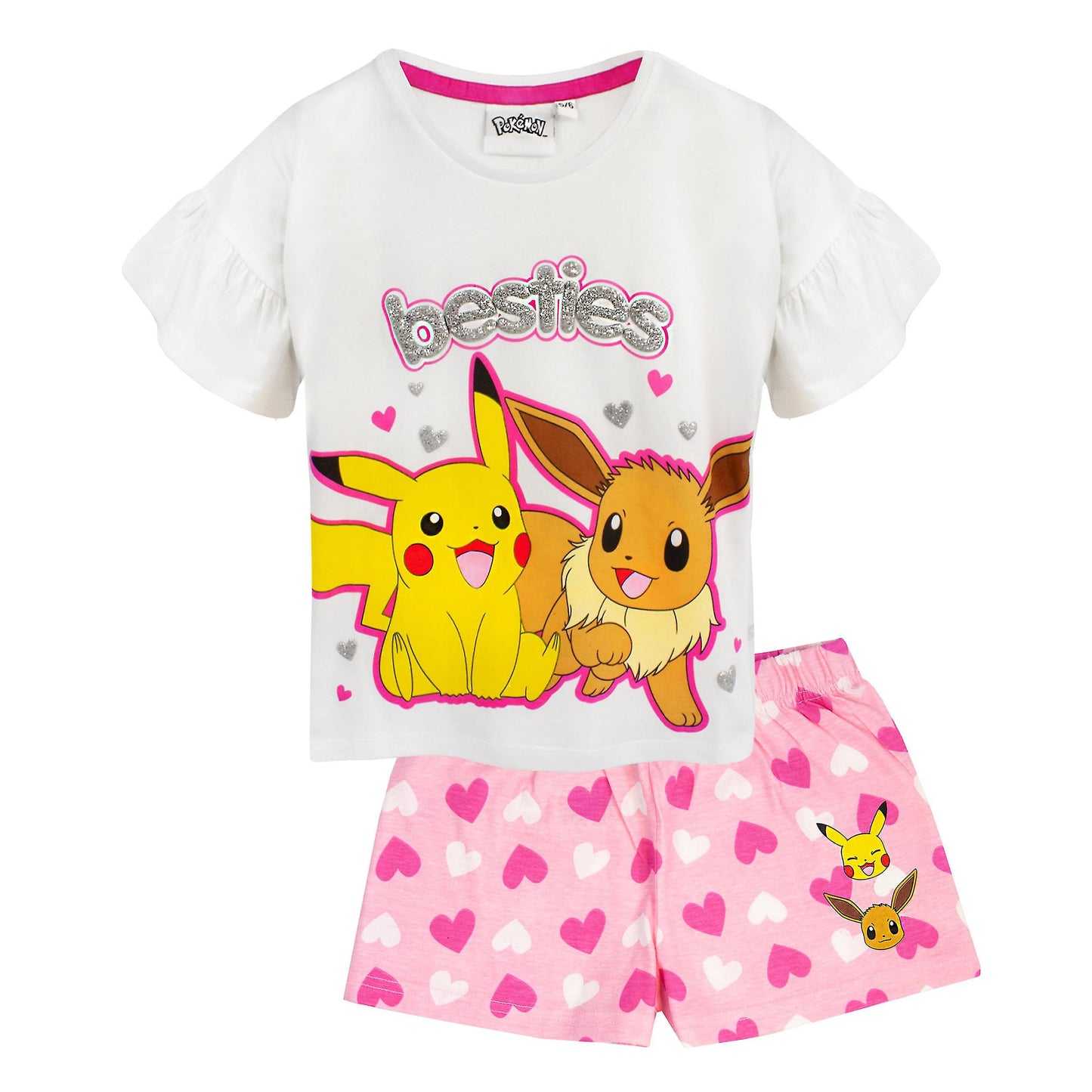 White-Pink-Yellow - Front - Pokemon Girls Besties Pikachu & Eevee Frill Short Pyjama Set