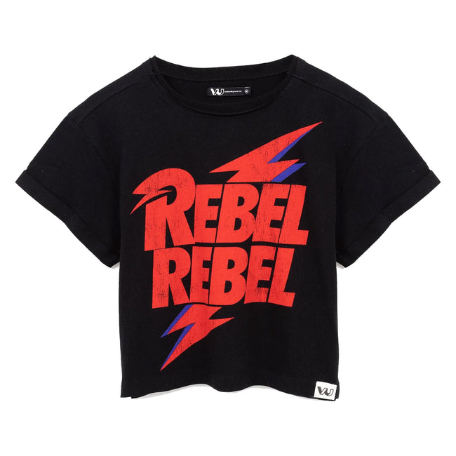 Black-Red - Front - David Bowie Womens-Ladies Rebel Rebel Crop T-Shirt