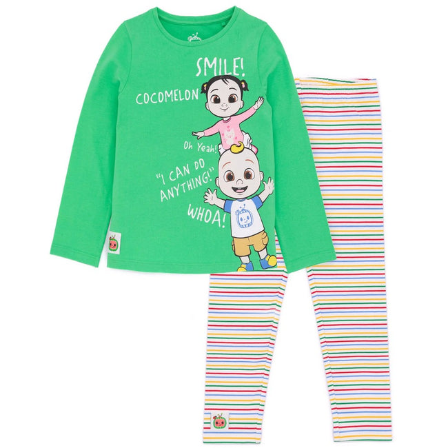 Green-White-Pink - Front - Cocomelon Childrens-Kids Long-Sleeved T-Shirt And Leggings Set