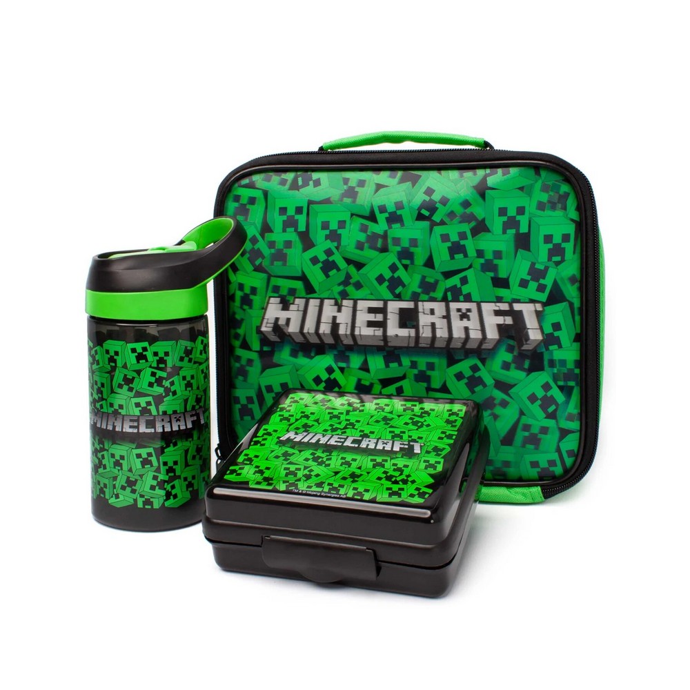 Green-Black - Front - Minecraft Lenticular Creeper Lunch Bag Set