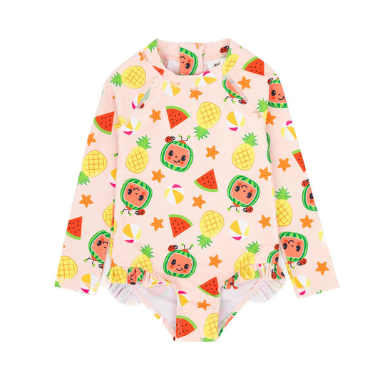 Pink-Yellow-Green - Front - Cocomelon Girls Frill One Piece Swimsuit