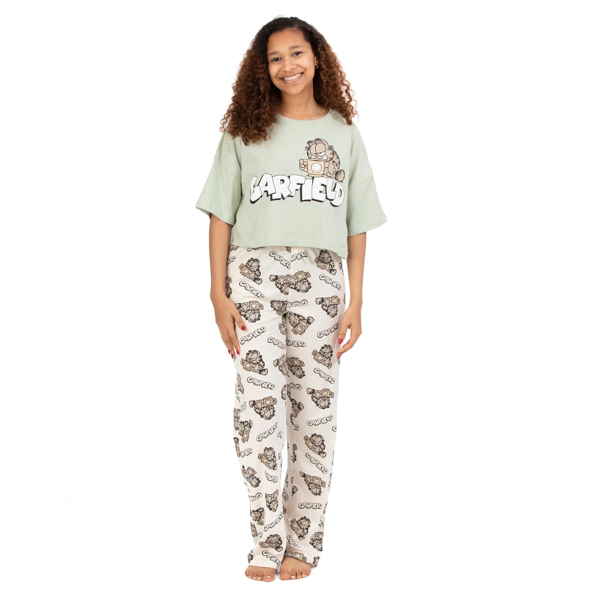 Green-Cream - Lifestyle - Garfield Womens-Ladies Coffee Long Pyjama Set