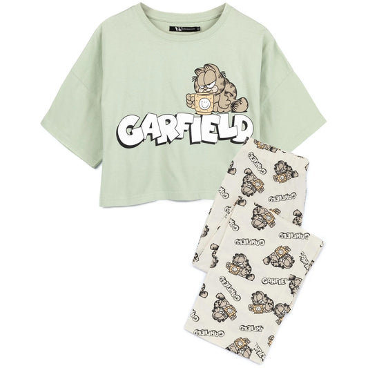 Green-Cream - Front - Garfield Womens-Ladies Coffee Long Pyjama Set
