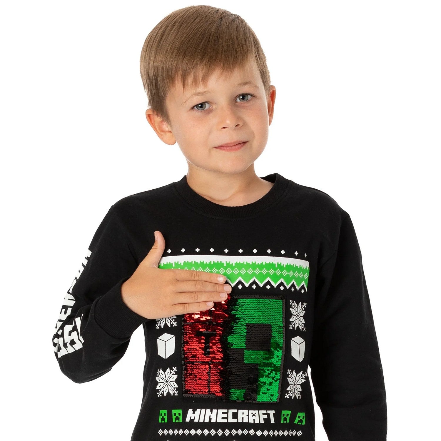 Black-Green-White - Lifestyle - Minecraft Childrens-Kids Creeper Sequins Christmas Jumper