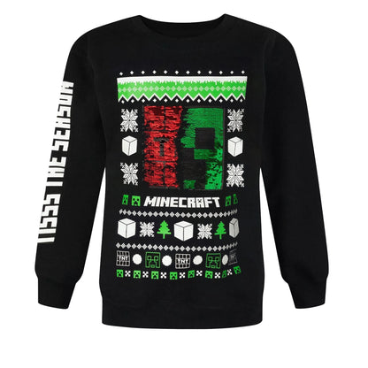 Black-Green-White - Front - Minecraft Childrens-Kids Creeper Sequins Christmas Jumper