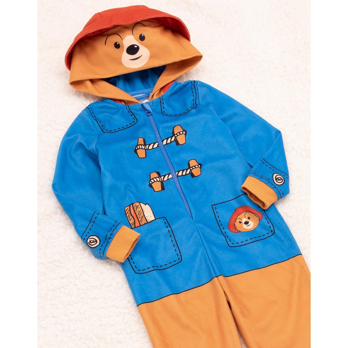 Blue-Brown-Red - Side - Paddington Bear Childrens-Kids 3D Hooded Jumpsuit