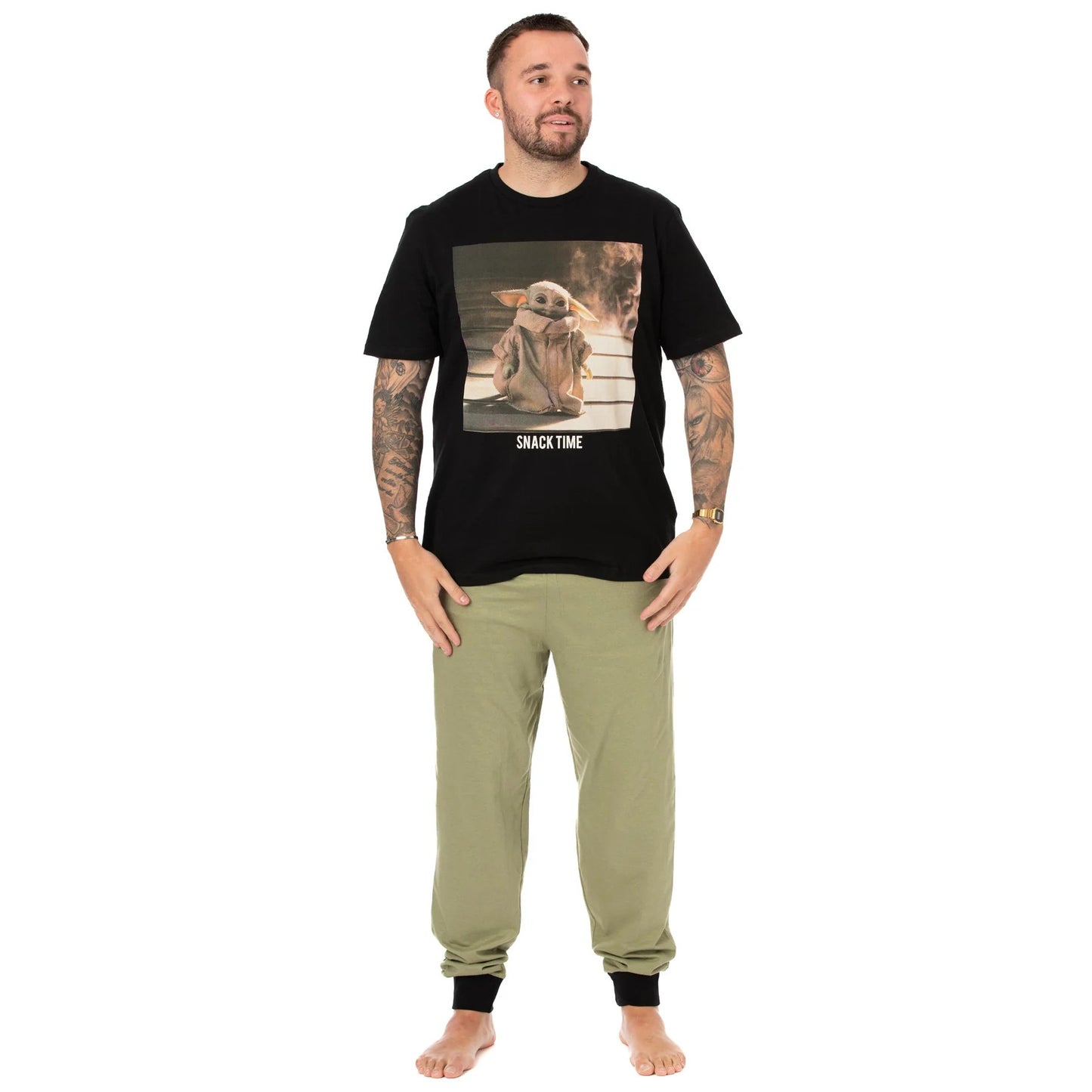 Black-Green - Front - Star Wars: The Mandalorian Mens Snack Time Long Pyjama Set