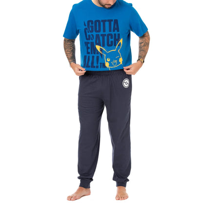 Blue-Navy Blue - Close up - Pokemon Mens Gotta Catch Em All Long Pyjama Set