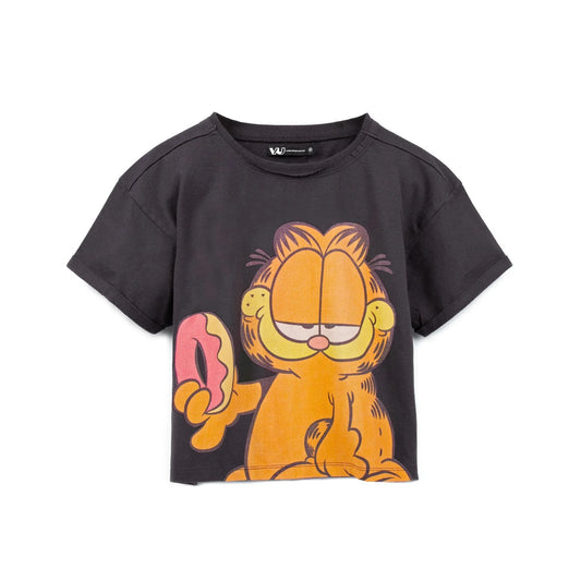 Charcoal-Orange - Front - Garfield Womens-Ladies Enzyme Washed Crop T-Shirt
