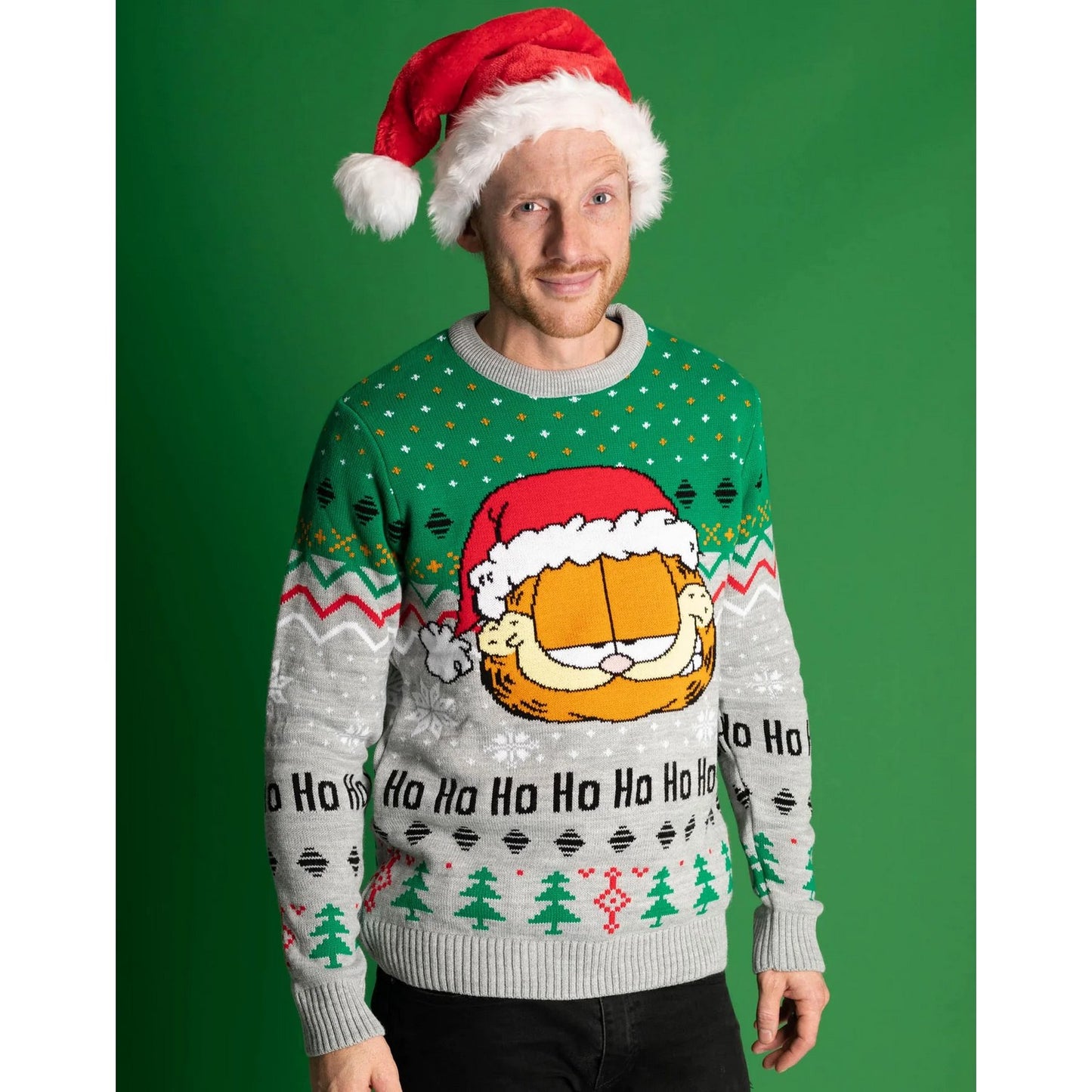 Grey-Green - Close up - Garfield Unisex Adult Knitted Christmas Jumper