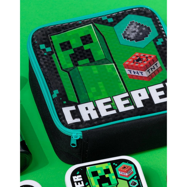 Black-Green-White - Pack Shot - Minecraft Creeper Lunch Bag and Bottle (Pack of 5)