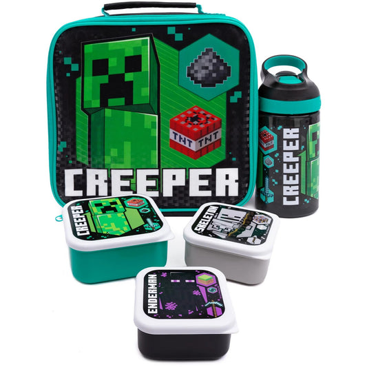 Black-Green-White - Front - Minecraft Creeper Lunch Bag And Bottle (Pack Of 5)