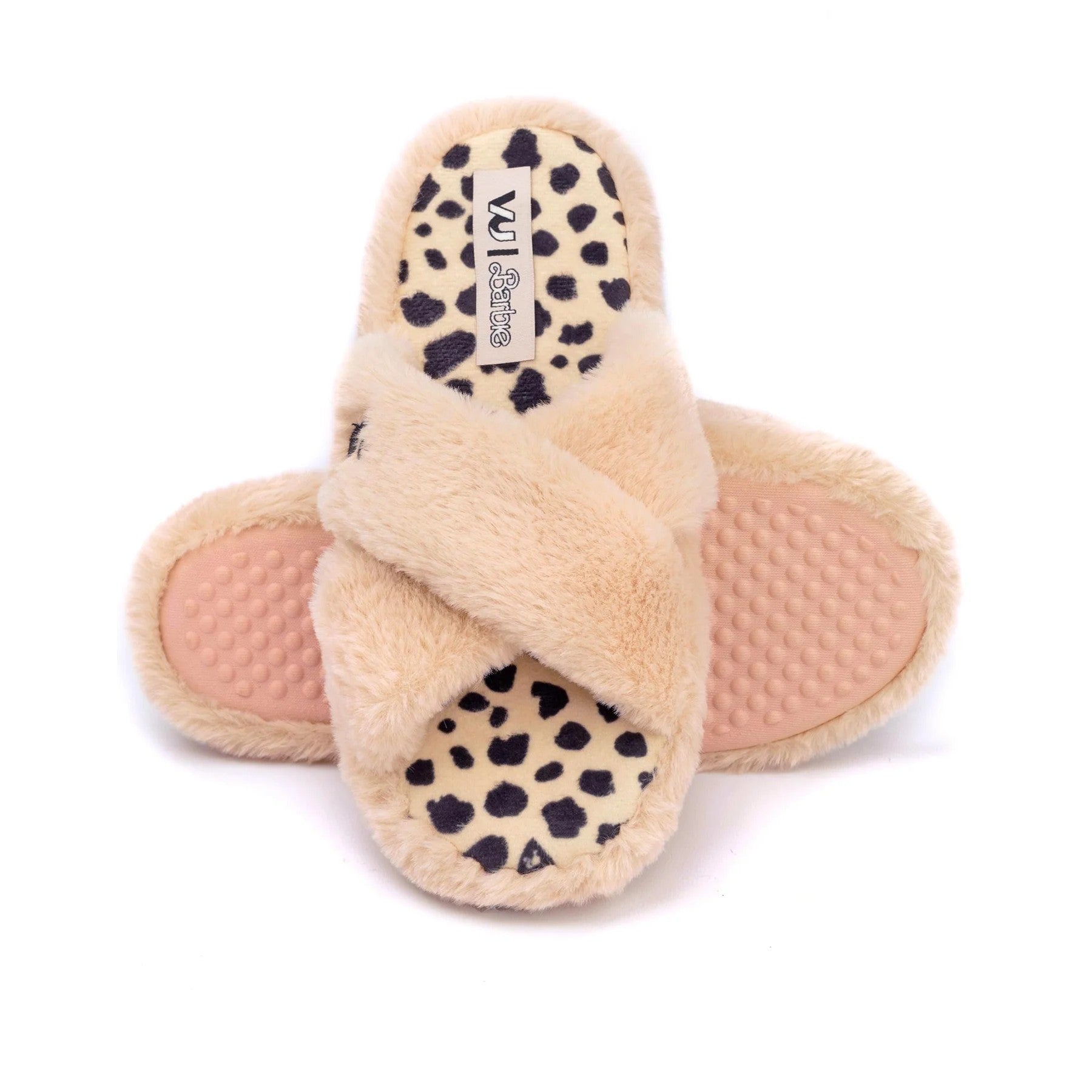 Pink-Black - Side - Barbie Womens-Ladies Crossover Fluffy Slippers