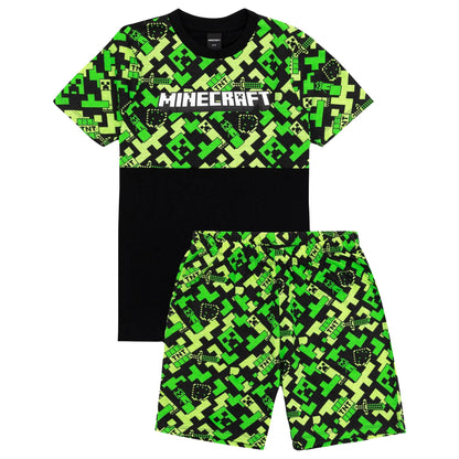 Black-Green - Front - Minecraft Childrens-Kids Creeper Short Pyjama Set