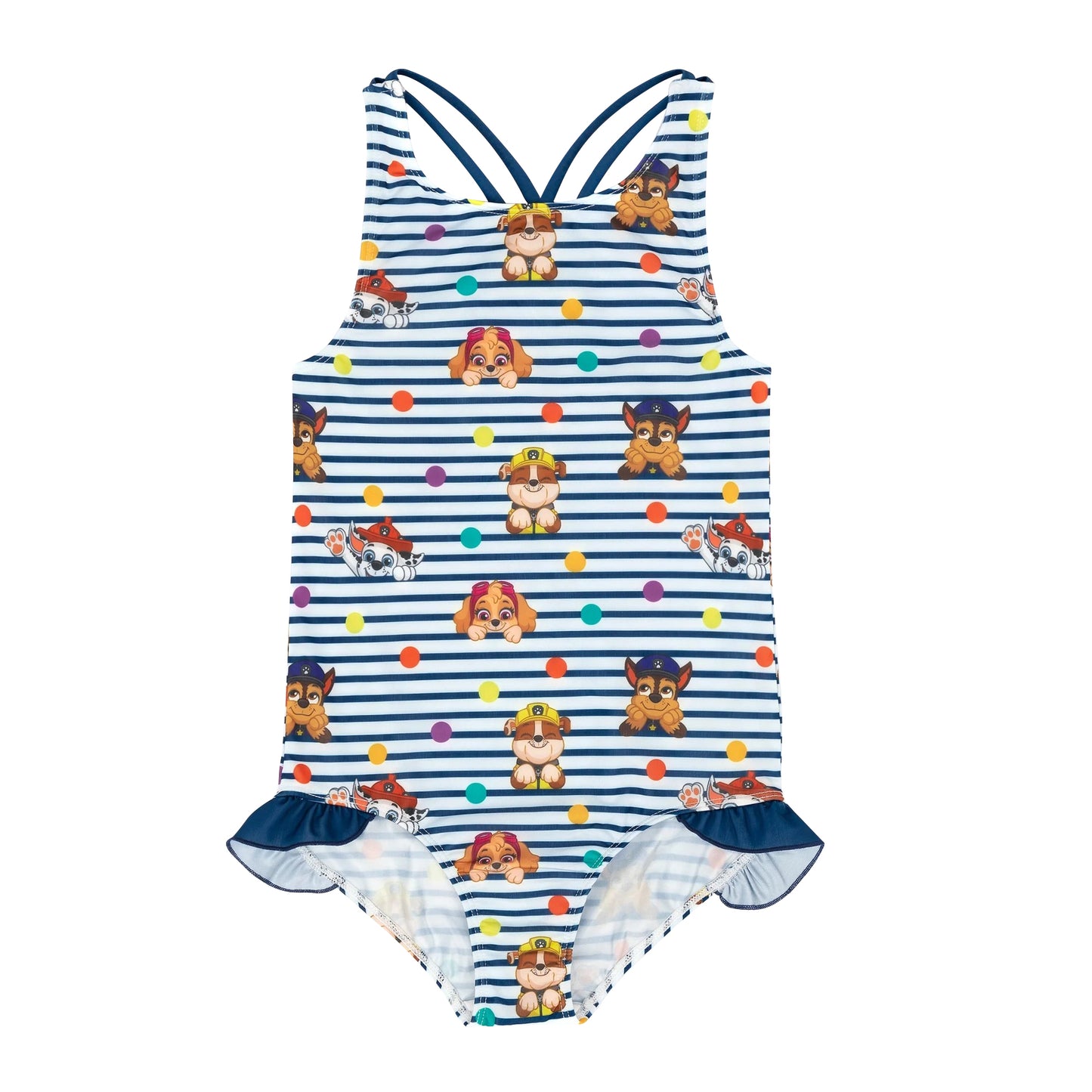 Navy-White - Front - Paw Patrol Girls Striped One Piece Swimsuit