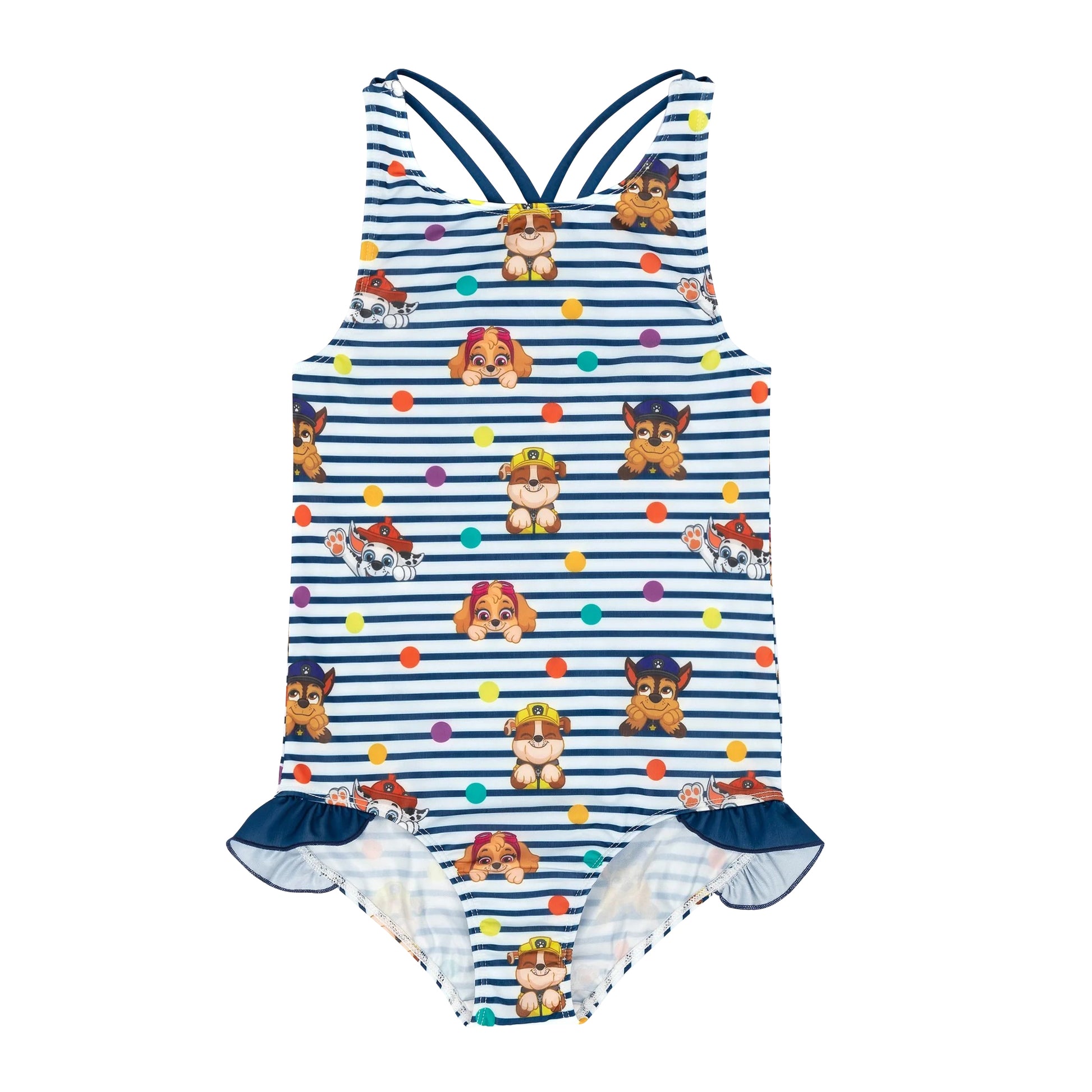 Navy-White - Front - Paw Patrol Girls Striped One Piece Swimsuit