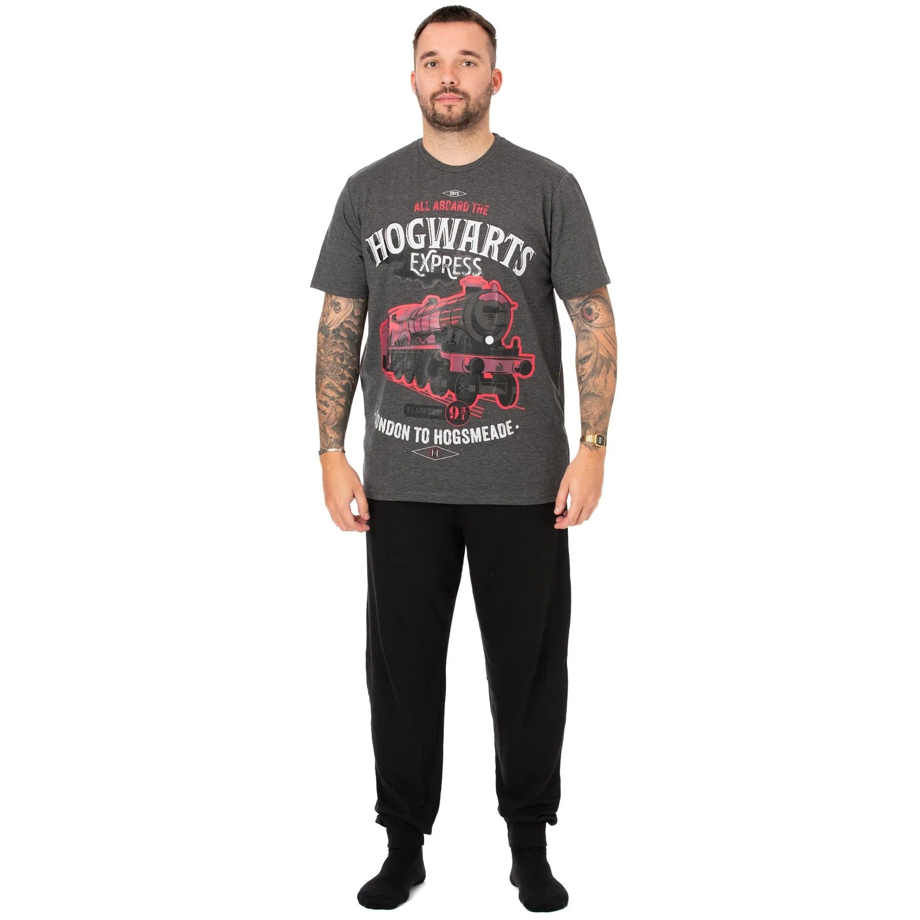 Grey-Black - Front - Harry Potter Mens Hogwarts Express Long Pyjama Set