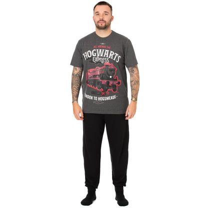 Grey-Black - Front - Harry Potter Mens Hogwarts Express Long Pyjama Set
