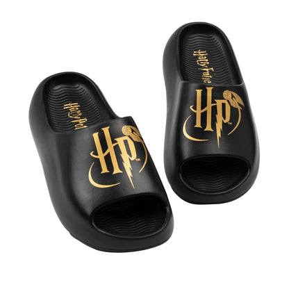 Black-Gold - Pack Shot - Harry Potter Childrens-Kids Golden Snitch Moulded Footbed Sliders