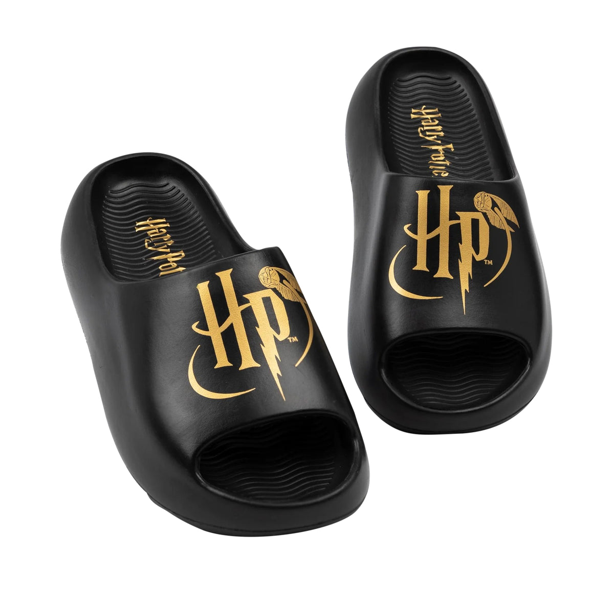 Black-Gold - Pack Shot - Harry Potter Childrens-Kids Golden Snitch Moulded Footbed Sliders