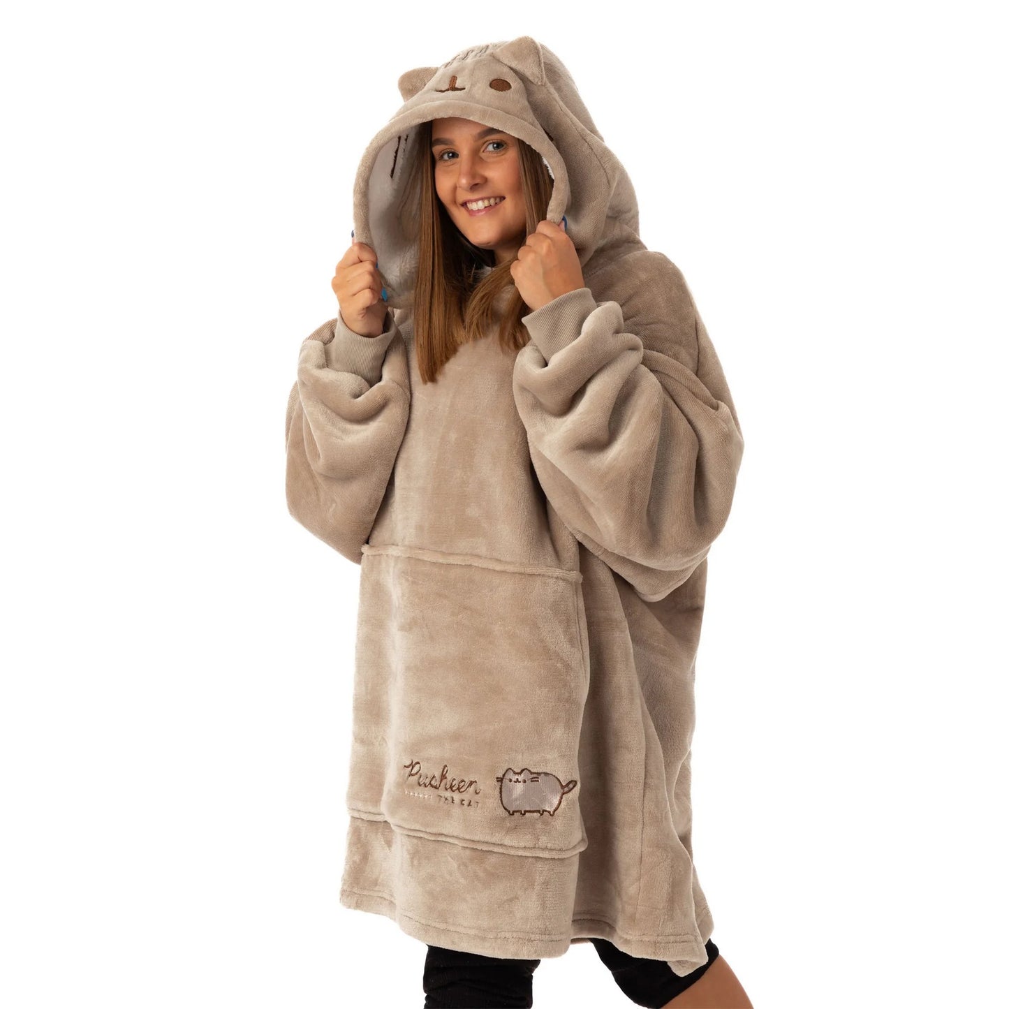 Brown - Side - Pusheen Womens-Ladies Embroidered Hoodie Blanket