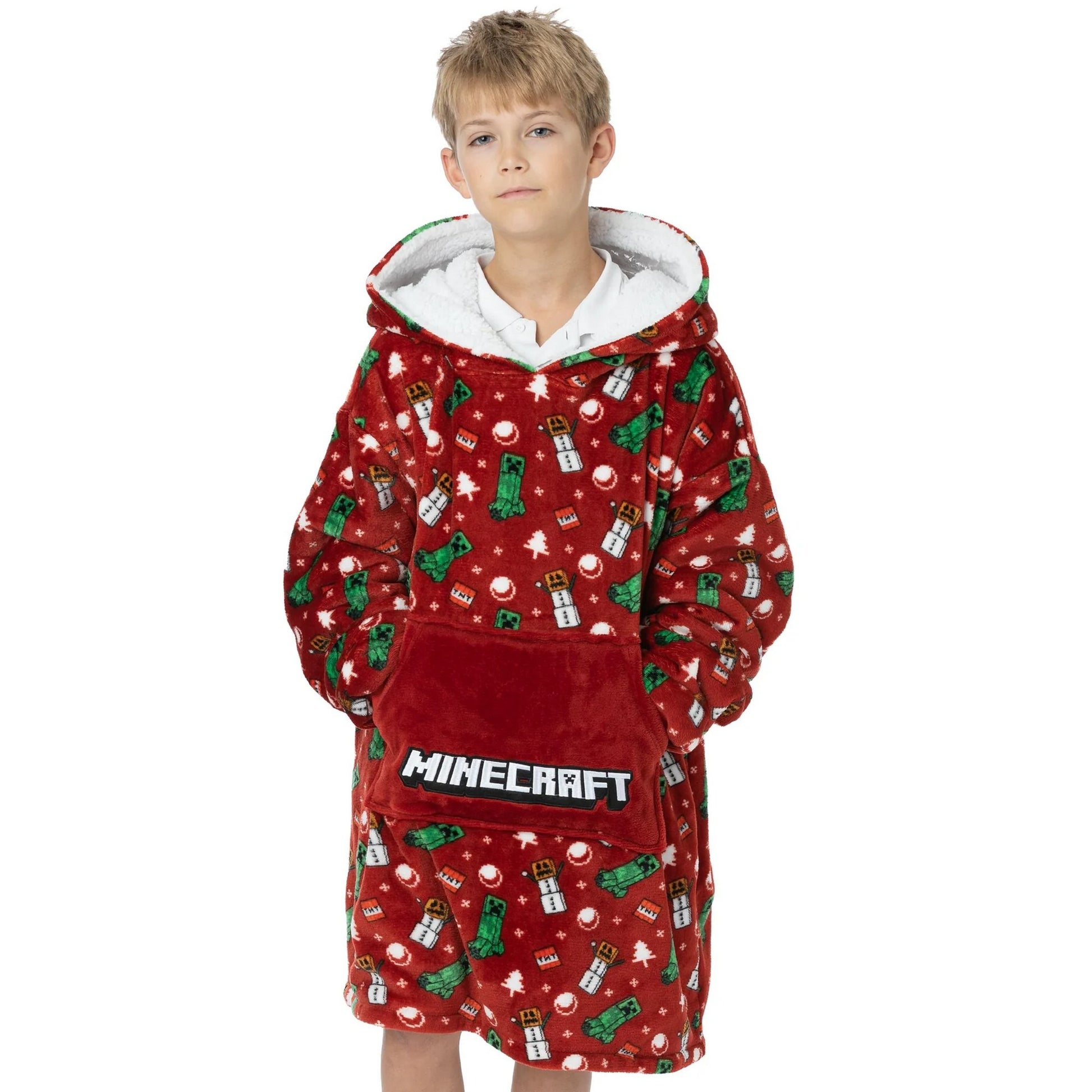 Red - Side - Minecraft Childrens-Kids Oversized Christmas Hoodie Blanket