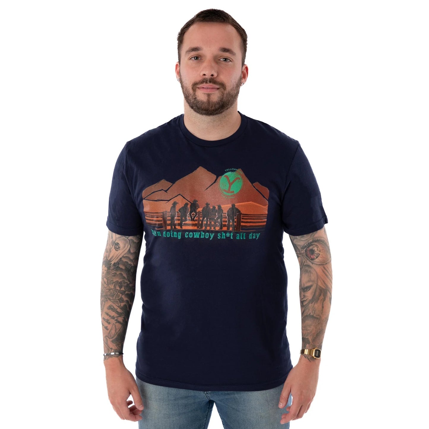 Navy - Side - Yellowstone Mens Cowboy Short-Sleeved T-Shirt