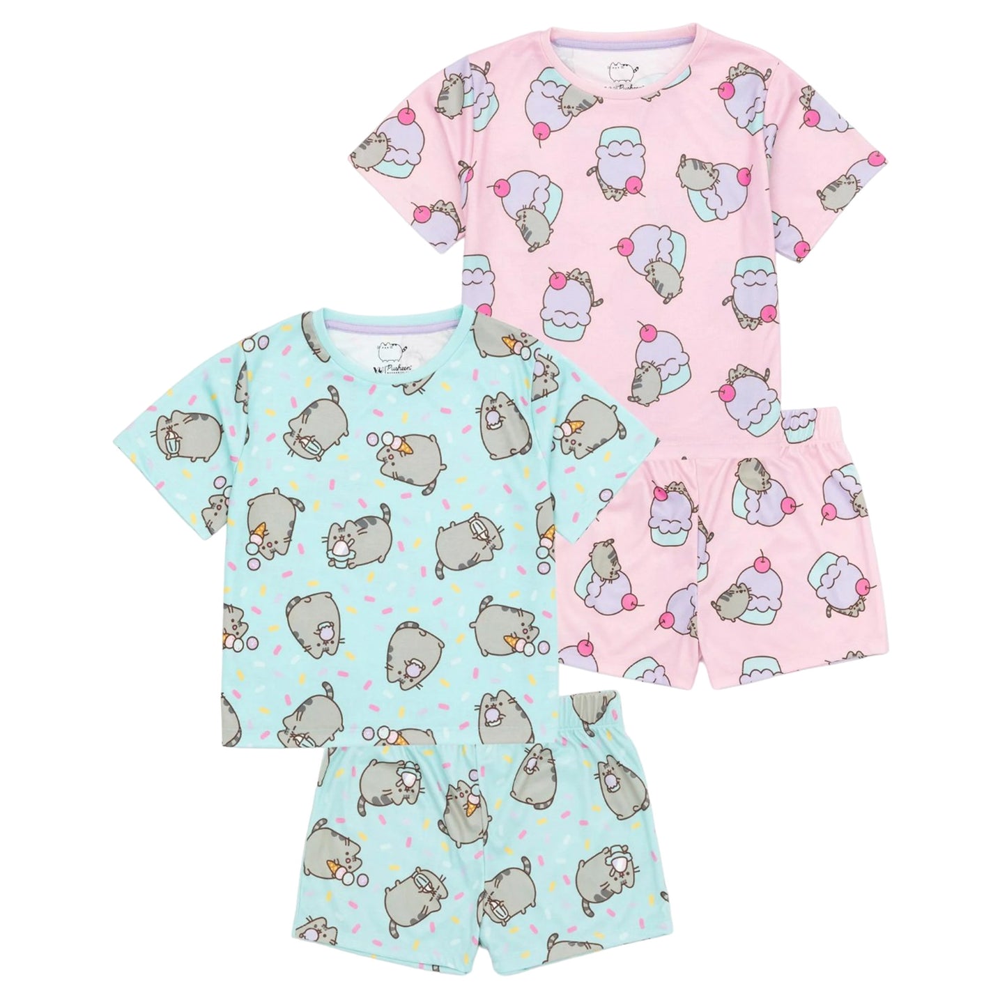 Blue-Pink - Front - Pusheen Girls Cat Short Pyjama Set (Pack of 2)