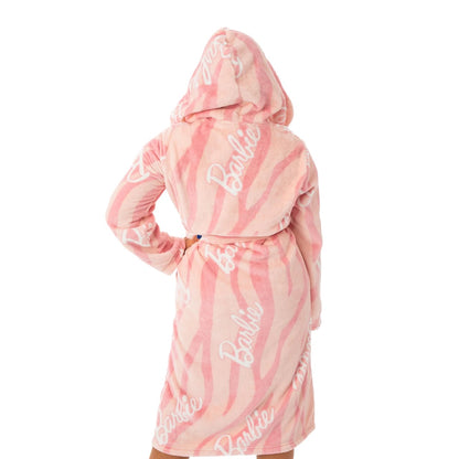 Pink - Back - Barbie Womens-Ladies Hooded Dressing Gown