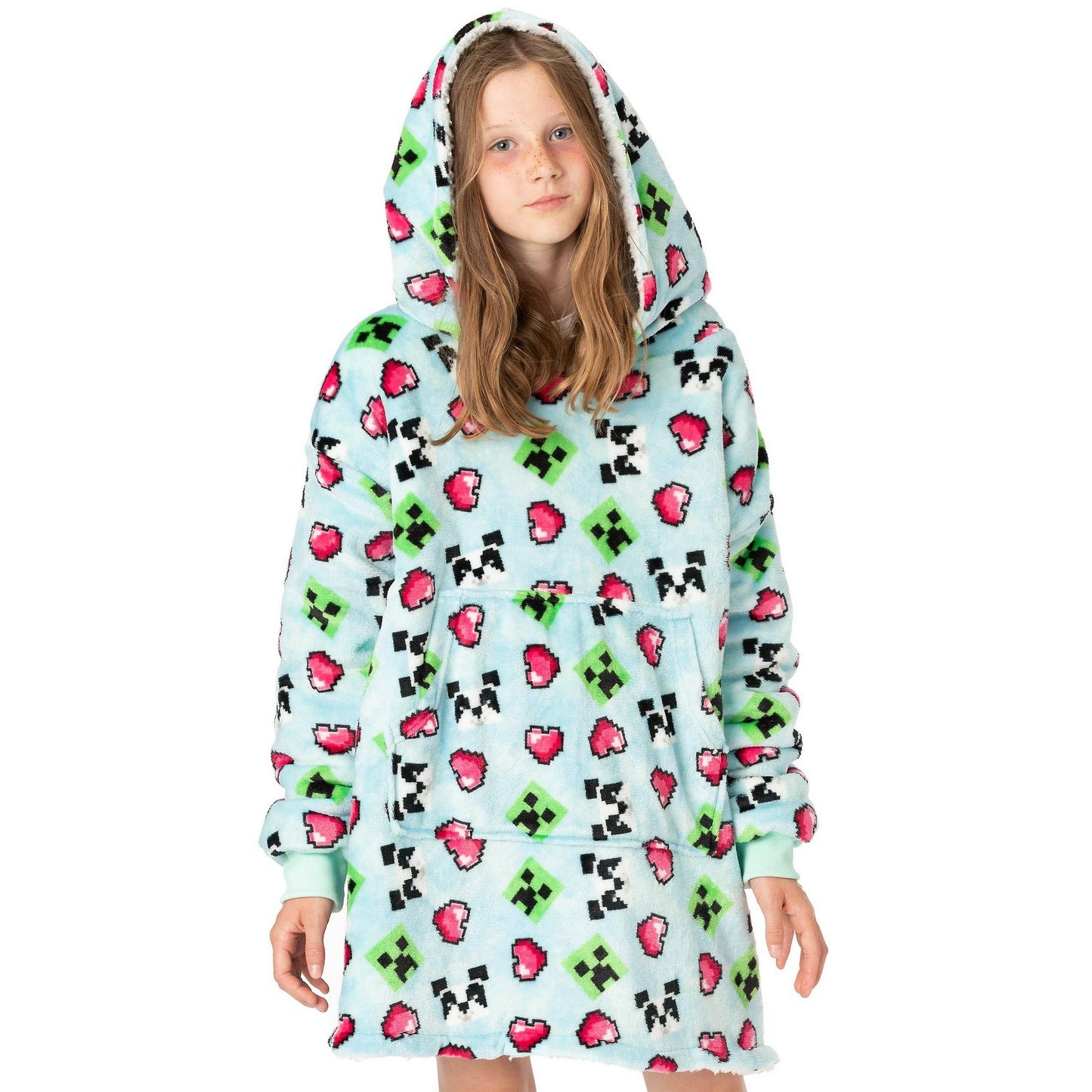 Pastel Blue - Front - Minecraft Girls Panda Hoodie Blanket